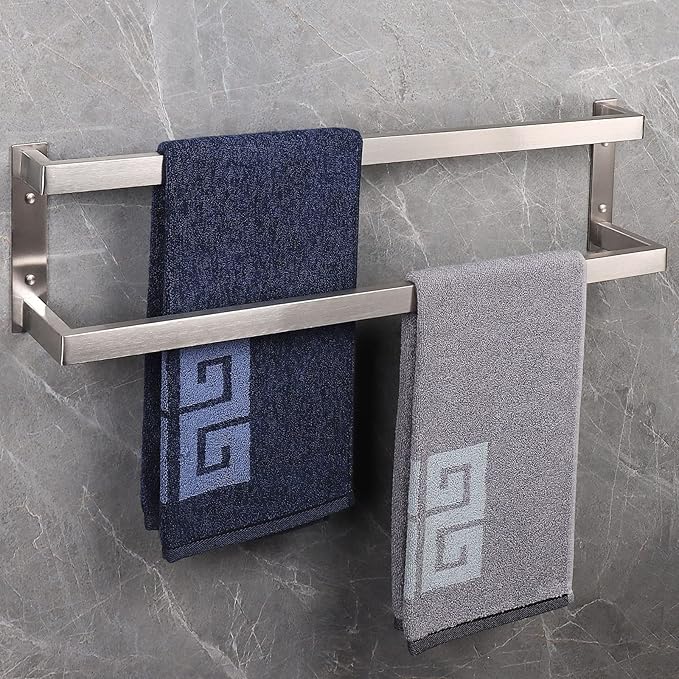 NearMoon Bathroom Towel Bar, Towel Rod Holder, Square Shelf Rack Hanging Towel for Bath, Thicken SUS304 Stainless Steel Towel Rack Wall Mounted-2-Tier Bath Accessories (24 Inch, Brushed Nickel)