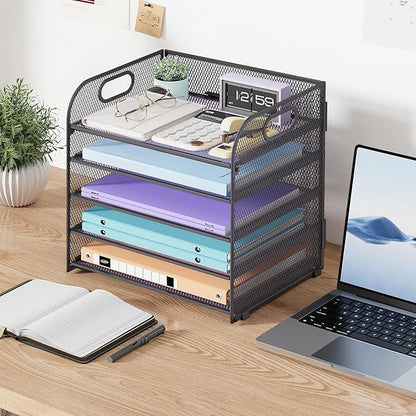 5 Tier Paper Organizer with Handle, Grey Metal Mesh Desk Organizer File Folder Paper Letter Tray Desktop Document Sorter for Classroom, School, Office Accessories Organization and Storage