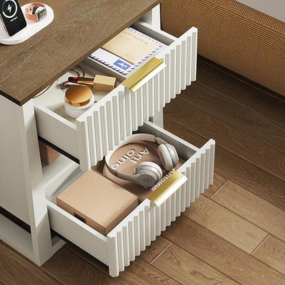 HIFYOBRO Fluted Nightstands with Charging Station & Motion Sensor Light, Modern Bedside Tables with 2 Drawers and Storage Shelf for Bedroom, White