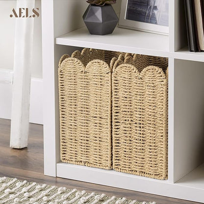 AELS Woven Natural Fibre Magazine Holder, Scalloped Edge Floor Magazine Rack, Hand-woven Organizer, Boho Modern Farmhouse Book Basket, File Newspaper Mail Holder for Office