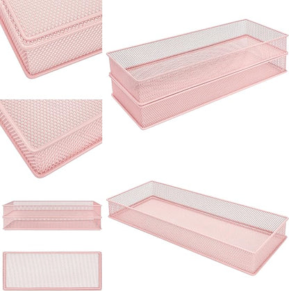 Annova Mesh Stackable Drawer Cabinet and Shelf Organizer Bins Storage Basket School Office Supply Holder Tray- Set of 2 (Light Pink, 6x15x2 Inch)