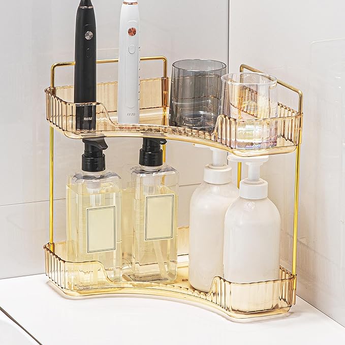 Weidace Corner Bathroom Counter Organizer Bathroom Countertop Shelf Makeup Organizer for Vanity Perfume Tray for Corner Storage (2 Tiers, Gold)