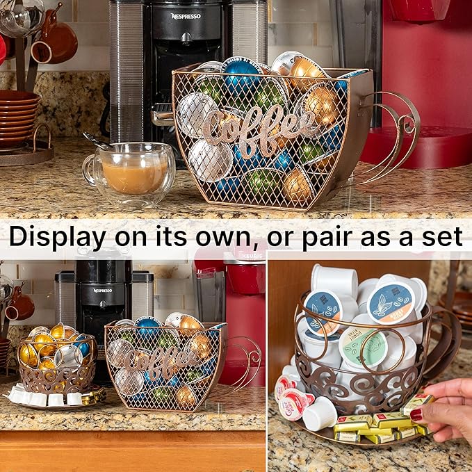 Made Easy Kit Coffee Pod Organizer Compatible with Nespresso Vertuo and Original - Countertop Sculpture Holder Basket Style for Café Bar, Corner Station Office Break Area (Mountable Mug Vintage)