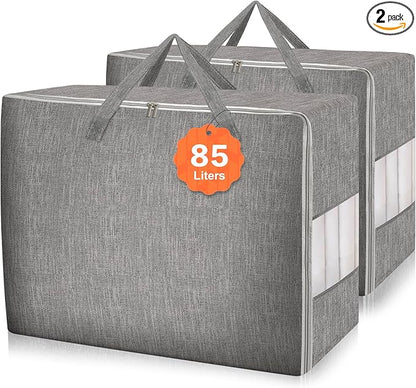 Karceyworth 2 Pack 85L Comforter Storage Bags, Extra Large Bedding Storage Bags with Clear Window, Reinforced Handles & Zippers, Foldable Closet Organizers for Blanket Pillow Clothes