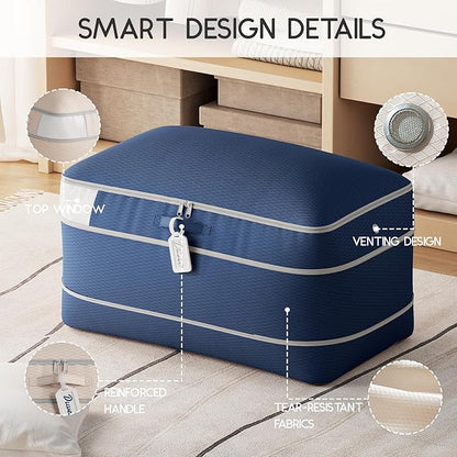 Homsorout Compression Storage Bags for Comforters - 4 Pack Long Large 100L Compression Bags, 3-Layer Washable Ultra Space Saving Self Comforter Storage Bag for Blankets, Sheets, Clothes, Navy Blue