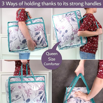 Clear Vinyl Zippered Storage Bags (3-Pack) 40L Sturdy Storage Bags for Sweaters, Blankets, Comforters, Bedding Sets and Much More! (Turquoise, 18x15x9)