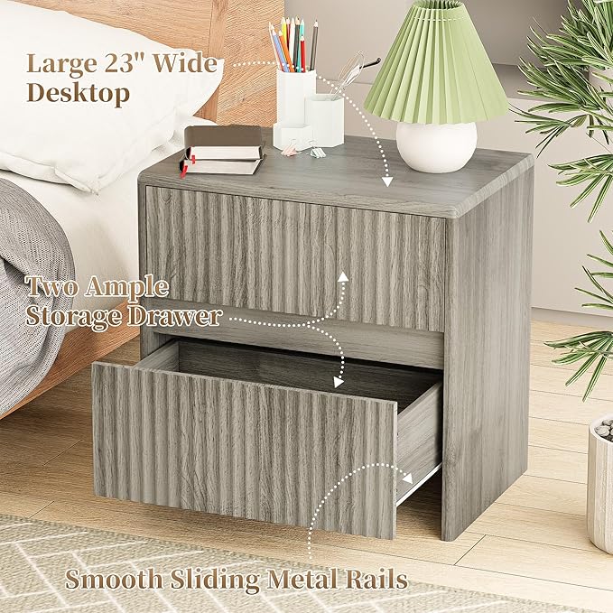 HOCAT Fluted Nightstand, 23" Wood Bedside Table with 2 Storage Drawers, Modern Night Stand for Bedroom, Office, Grey