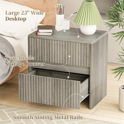 HOCAT Fluted Nightstand, 23" Wood Bedside Table with 2 Storage Drawers, Modern Night Stand for Bedroom, Office, Grey