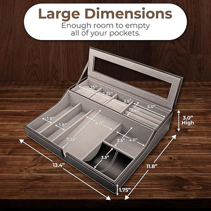 Mens Valet Box Organizer, Large Leather Valet Tray for Men, Mens Valet Tray Organizer with Charging Station, Mens Jewelry Box Organizer for EDC Valet Mens Accessories, Nightstand Bedside Dresser Top
