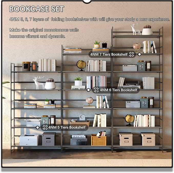 4NM No Assembly 5 Tiers Collapsible Book Shelves, 51.2" H Folding Bookshelf Bookcase Open Industrial Foldable Shelves for Bedroom, Living Room, Home Office - All Black