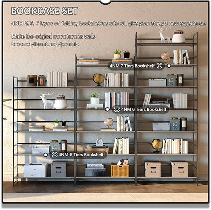 4NM No Assembly 5 Tiers Collapsible Book Shelves, 51.2" H Folding Bookshelf Bookcase Open Industrial Foldable Shelves for Bedroom, Living Room, Home Office - All Black
