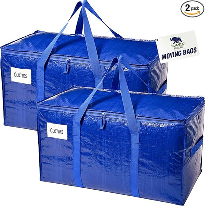 RUGGED RHINO Heavy Duty Extra Large Blue Moving Bags, Durable Bag with Strong Handles and Zipper, Moving Boxes Alternative for College Packing, Holiday Décor, Space Saving Storage with Label, 2 Pack