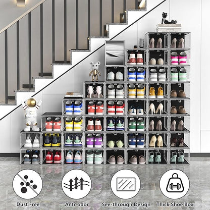 MCIJRJOI 10 Pack Hard Sturdy Thickened Rigid XX Large Shoe Storage Organizer for Closet, Clear Stackable Sneaker Shoe Boxes Rack Containers Display Case Bins with Lids, Black Clear02