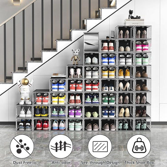 MCIJRJOI 10 Pack Hard Sturdy Thickened Rigid XX Large Shoe Storage Organizer for Closet, Clear Stackable Sneaker Shoe Boxes Rack Containers Display Case Bins with Lids, Black Clear02