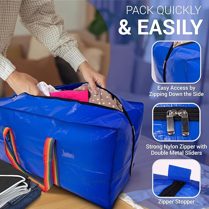 XL Moving Bags - 4 Pack Blue Storage Tote, Heavy-Duty Zipper, Colorful Carrying Handles,Versatile for Dorm, Packing, Storing, Organizing, Clothes, Blankets, Toys. Moving Boxes for Space Saving.