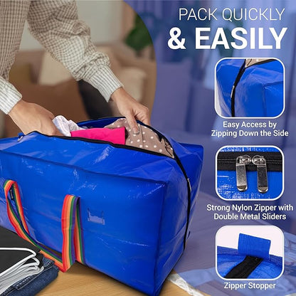 XL Moving Bags - 4 Pack Blue Storage Tote, Heavy-Duty Zipper, Colorful Carrying Handles,Versatile for Dorm, Packing, Storing, Organizing, Clothes, Blankets, Toys. Moving Boxes for Space Saving.