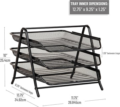 Mind Reader 3-Tier Paper Tray, Desktop Organizer, File Storage, Workspace, Office, Metal Mesh, 11.75"L x 13.75"W x 10"H, Black