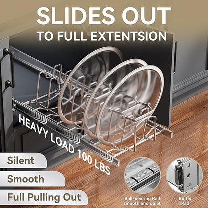 STORKING Slide Out Pot Lid Organizer Under Cabinet, Wire Dividers Kitchen Pull Out Pot Lid Storage Rack Holder, Full-Extension Rail 15" W*22" D