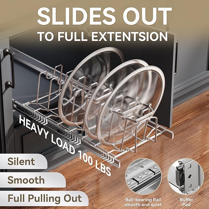 STORKING Slide Out Pot Lid Organizer Under Cabinet, Wire Dividers Kitchen Pull Out Pot Lid Storage Rack Holder, Full-Extension Rail 12" W*22" D