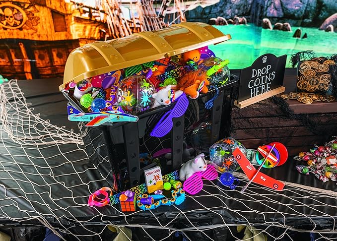 Fun Express Large Plastic Toy Treasure Chest - Premium Classroom Storage Prize Box for Teachers | Pirate-Themed Reward Container with Secure Lid | Black & Gold Design | 19" x 11.5" x 11" Capacity