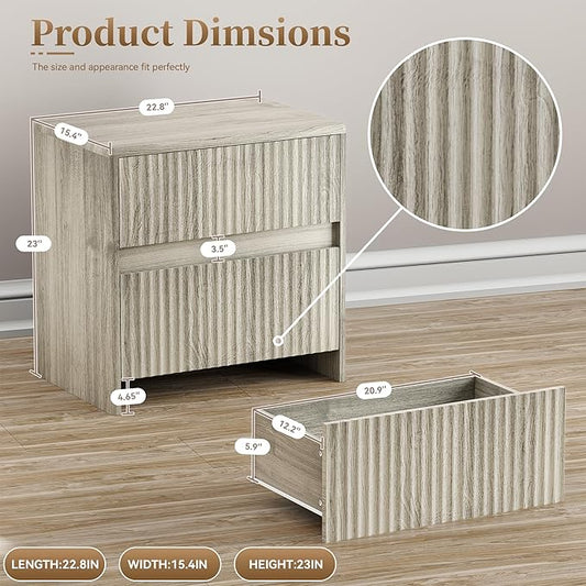 HOCAT Fluted Nightstand, 23" Wood Bedside Table with 2 Storage Drawers, Modern Night Stand for Bedroom, Office, Grey