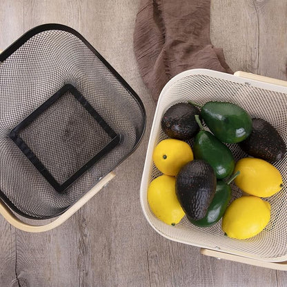 IBWell Square Metal Wire Woven Fruit Storage Bowl Basket with Wooden Handle, Large Black Mesh Fruit Stand, Multi-function Hanging Kitchen Baskets (White, Normal 4PCS)