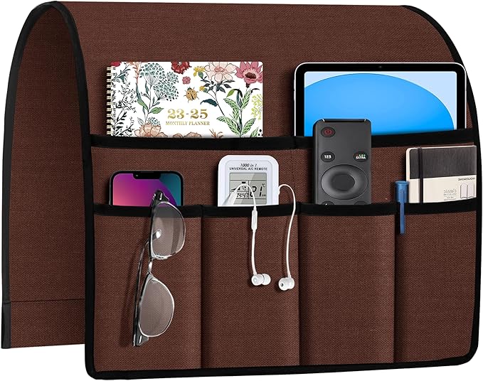 Joywell Remote Holder for Recliner Armchair Caddy Couch Armrest Non Slip Sofa Arm Chair Caddie with 6 Pocket for Magazine, Tablet, Phone, iPad, Think Linen, Rustic Brown