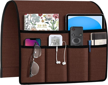 Joywell Remote Holder for Recliner Armchair Caddy Couch Armrest Non Slip Sofa Arm Chair Caddie with 6 Pocket for Magazine, Tablet, Phone, iPad, Think Linen, Rustic Brown