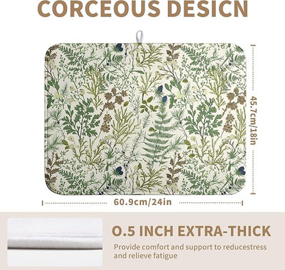 Sage Green Botanical Floral Dish Drying Mat for Kitchen Counter Vintage Herbs Fern Leaves Plant Drying Mats Absorbent Microfiber Dishes Drainer Mats Washable Dish Draining Pad Extra Large 18"x24"