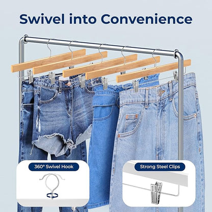SereneLife 10 Pack Skirt and Pant Hanger with Adjustable Non-Slip Steel Clips, Premium Wooden, 360° Swivel Hook & 10 lb Capacity – Space-Saving Heavy-Duty Hangers for Jeans, Shorts & Slacks (Natural)