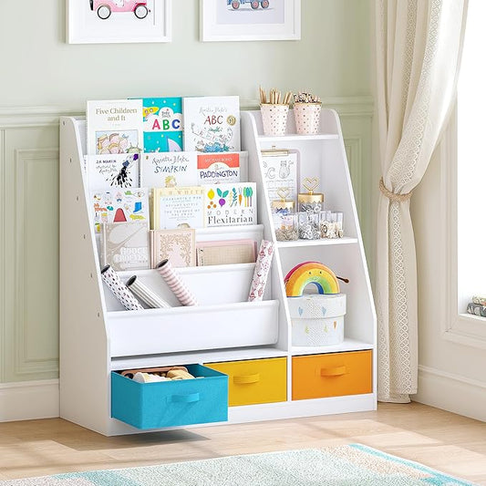 Spirich 5-Tier Kids Bookshelf with Storage Bins, Montessori Forward-Facing Book Display Toddler Bookcase, Wood Book Shelf for Kids Room, Classroom, Nursery, White