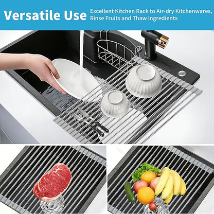 HAYAWEY Expandable Roll-UP Dish Drying Rack-Large 304 Stainless Steel Dish Drainer Over The Sink for Kitchen Countertop,Extendable & Rollable & Food Grade (Silver,22.08'x 13.2')