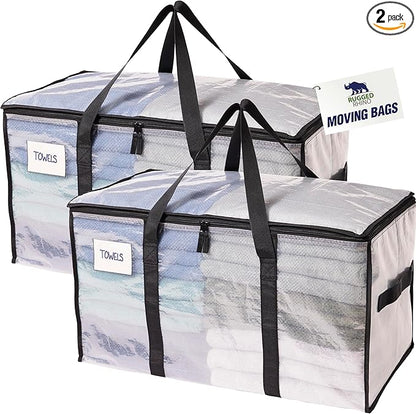 RUGGED RHINO Heavy Duty Extra Large Moving Bags, Durable Bag with Strong Handles and Zipper, Moving Boxes Alternative for College Packing, Holiday Décor, Space Saving Storage with Label, 2 Pack Clear