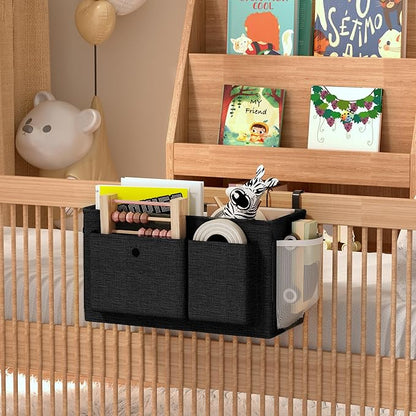 Edudif Bedside Caddy Bedside Organizer with Fixed Straps & Water Bottle Holder, Bunk Bed Caddy ideal for Home, Dorm, Hospital, Crib, Versatile Bedside Storage Solution (Black)
