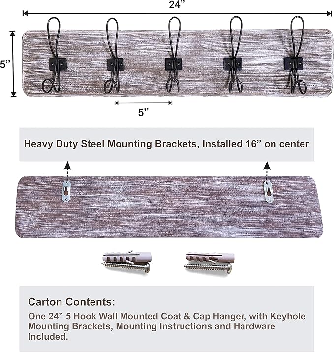 Wooden Coat Hanger Wall Mount Rack, 5 Hanger Hooks, 24” for Entryway, Kitchen, Bedroom, Bathroom, Decorative Rustic Farmhouse Design, Antique Whitewash, Black Hooks