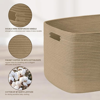 86L Large Wicker Laundry Basket for Living Room Storage,Boho Woven Cotton Rope Baskets for Kids Toy,Gifts,Square Blanket Hamper for Bedroom Dirty Clothes,Jute