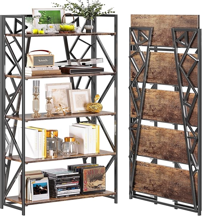 UDD No Assembly Wide Folding Bookshelf, 64.3" H x 30.9" W, 5 Tier Foldable Book Shelf Industrial Bookcase, Vintage Collapsible Storage Shelves for Home Office Living Room Bedroom, Rustic Brown Black