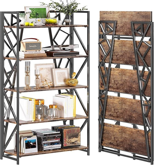 UDD No Assembly Wide Folding Bookshelf, 64.3" H x 30.9" W, 5 Tier Foldable Book Shelf Industrial Bookcase, Vintage Collapsible Storage Shelves for Home Office Living Room Bedroom, Rustic Brown Black