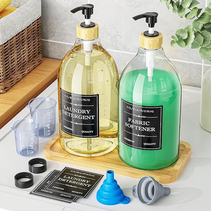 Moforoco Liquid Laundry Detergent Dispenser with Bamboo Tray, 2 Pack 64 Oz Plastic Laundry Soap Dispenser, Fabric Softener Dispenser with Pump and Labels for Laundry Room Decor and Organization