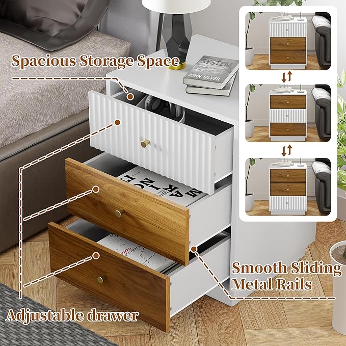 23.6" Tall Night Stand with 3 Storage Drawers, Fluted Nightstand with Metal Handles, Modern End Table Bedside Table Chest for Bedroom, White and Natural