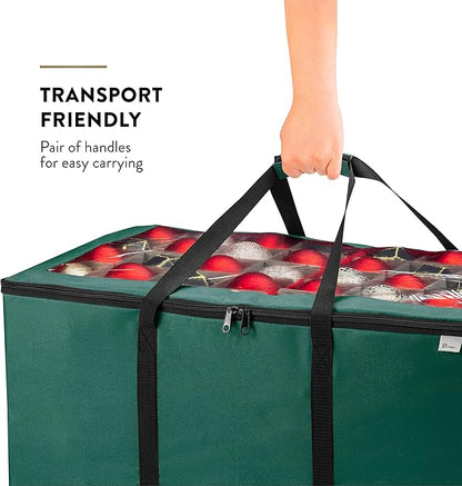 ZOBER Christmas Ornament Storage Box - Stores 200 3" Ornaments with Individual Trays - Tear Proof 600D Oxford Fabric - ornament organizer storage box, Durable Christmas Containers Holder - Green