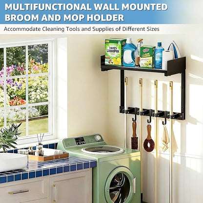 Heavy Duty Broom Holder Wall Mount with Grid Shelf, 4 Adjustable Hooks | All-in-One Cleaning Supplies Organizer for Laundry Room, Garage, Kitchen Storage