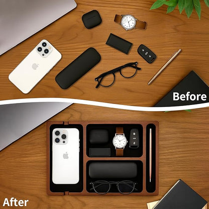 Valet Tray, Multi-Space Acacia Wood Leather Surface Desk Organizer Tray with Charging Assistance Port for Office or Study Room, Nightstand Organizer for EDC, Store Phone, Watch, Wallet, Keys, Jewelry