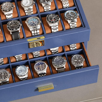 ROTHWELL 20 Slot Leather Watch box - Luxury Case Display Jewelry Organizer, - Locking Display Case Holder with Large Real Glass Top - Watch Box Organizer for Men and Women (Blue/Tan)