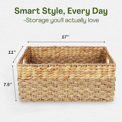 Large Wicker Storage Basket with handles, Natural, Woven, Seagrass and Hyacinth Organizing Baskets for Shelves, Pantry, Living Room - Large Size - 17x11x7.5 in
