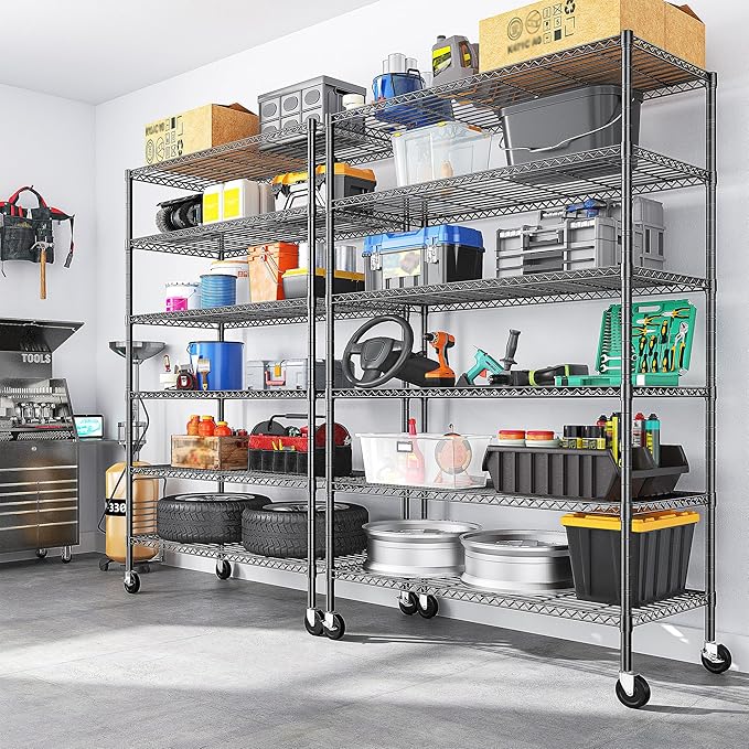 82" H X45 W X18 D Storage Shelves with Wheels, 6 Tier Wire Shelving Adjustable Metal Shelving Pantry Shelves Capacity 1200LBS for Garage Shelving, Pantry, Kitchen, Closet, Commercial, Black