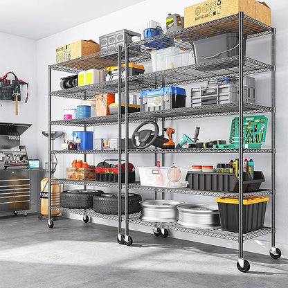 82" H X45 W X18 D Storage Shelves with Wheels, 6 Tier Wire Shelving Adjustable Metal Shelving Pantry Shelves Capacity 1200LBS for Garage Shelving, Pantry, Kitchen, Closet, Commercial, Black