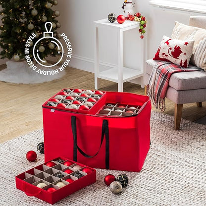 ZOBER Christmas Ornament Storage Box - Stores 200 3" Ornaments with Individual Trays - Tear Proof 600D Oxford Fabric - ornament organizer storage box (Red, 200-3" Ornaments)