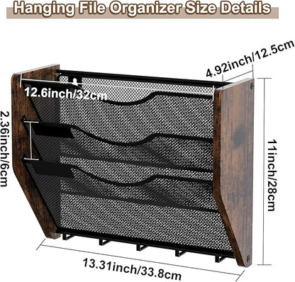 Wall File Organizer With Hooks,3 Tier Mesh Mail Organizer Wall Mounted,Hanging File Organizer,Magazine Holder for Documents,Magazine,Literature,File,Mails,Envelopes