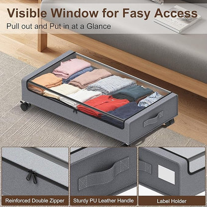 VXEAPADE Under Bed Storage with Wheels - 2Pack Underbed Storage Containers with Clear Lid & Label, Under The Bed Rolling Storage Bins for Shoes, Clothes, Blankets, Books (Grey, Large)
